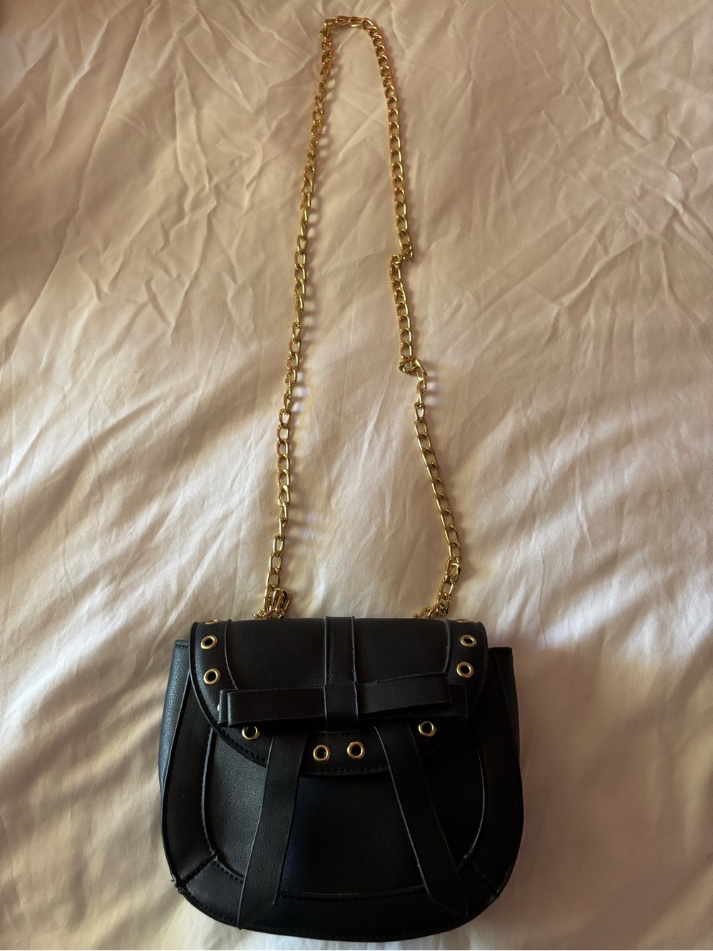 Black Leather Crossbody Bag with Gold Chain Strap